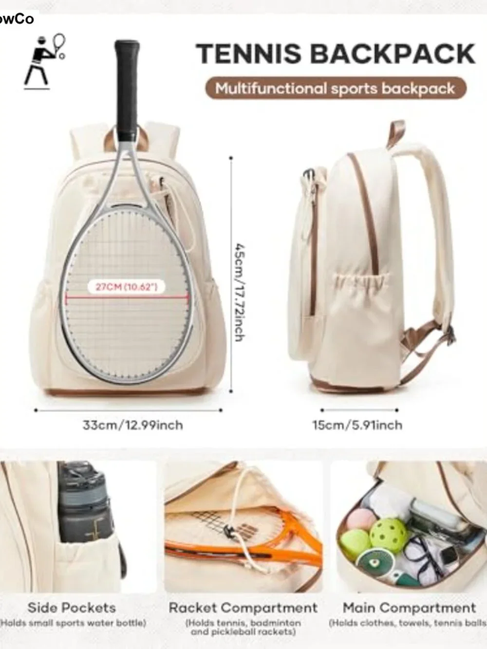 Tennis Backpack Fits 2 Rackets with Shoe Compartment & Wet Pocket, Lightweight